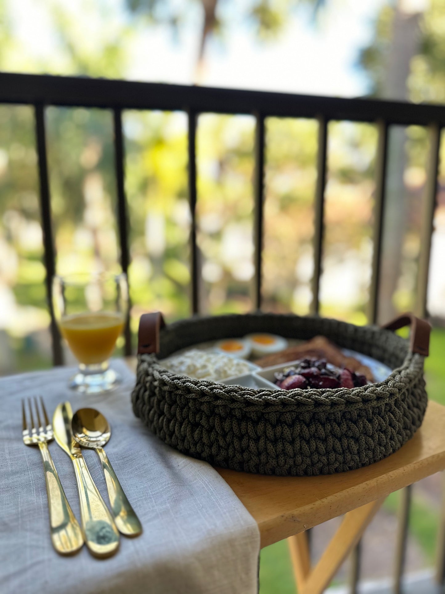 Handmade Crochet Basket with Wood base & Leather handles