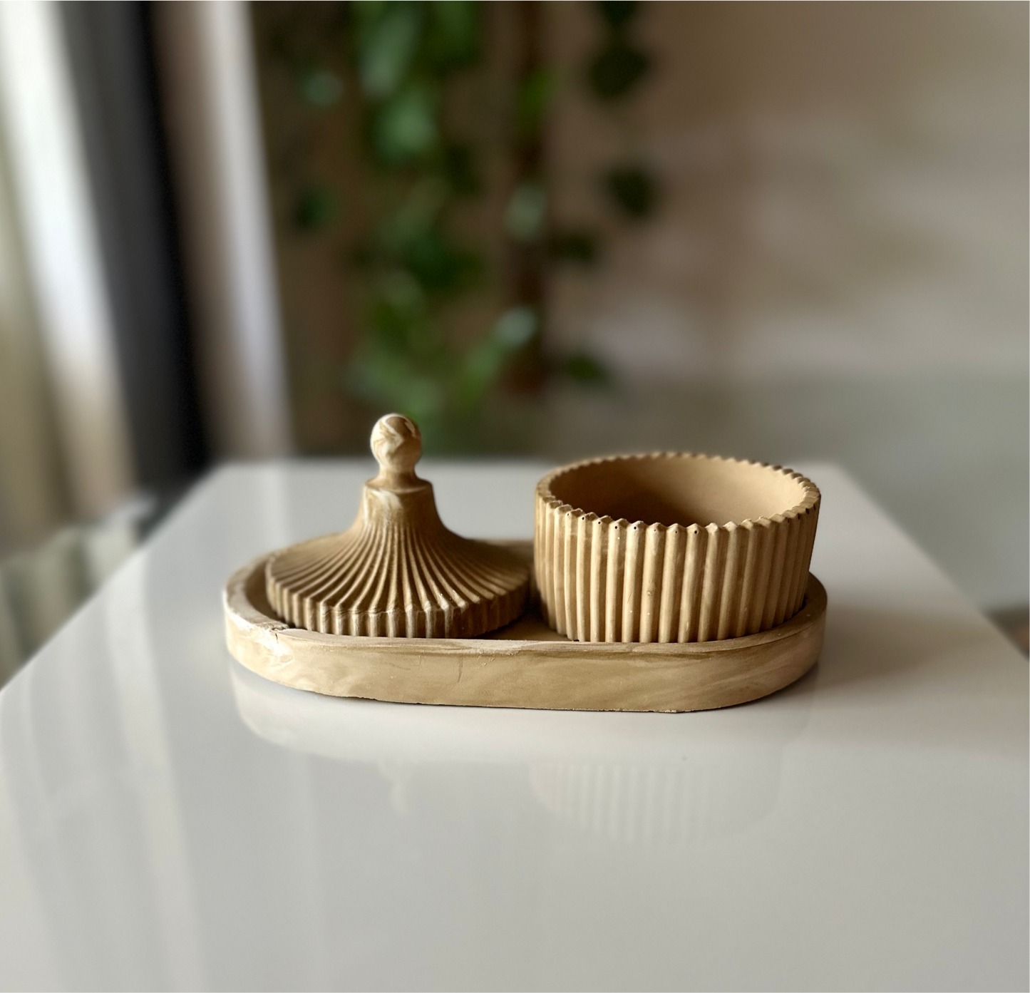 Marble SAND•Ceramic candle/storage jar with lid & matching tray •FREE x3 soy wax candle refills -Vanilla&Citrus