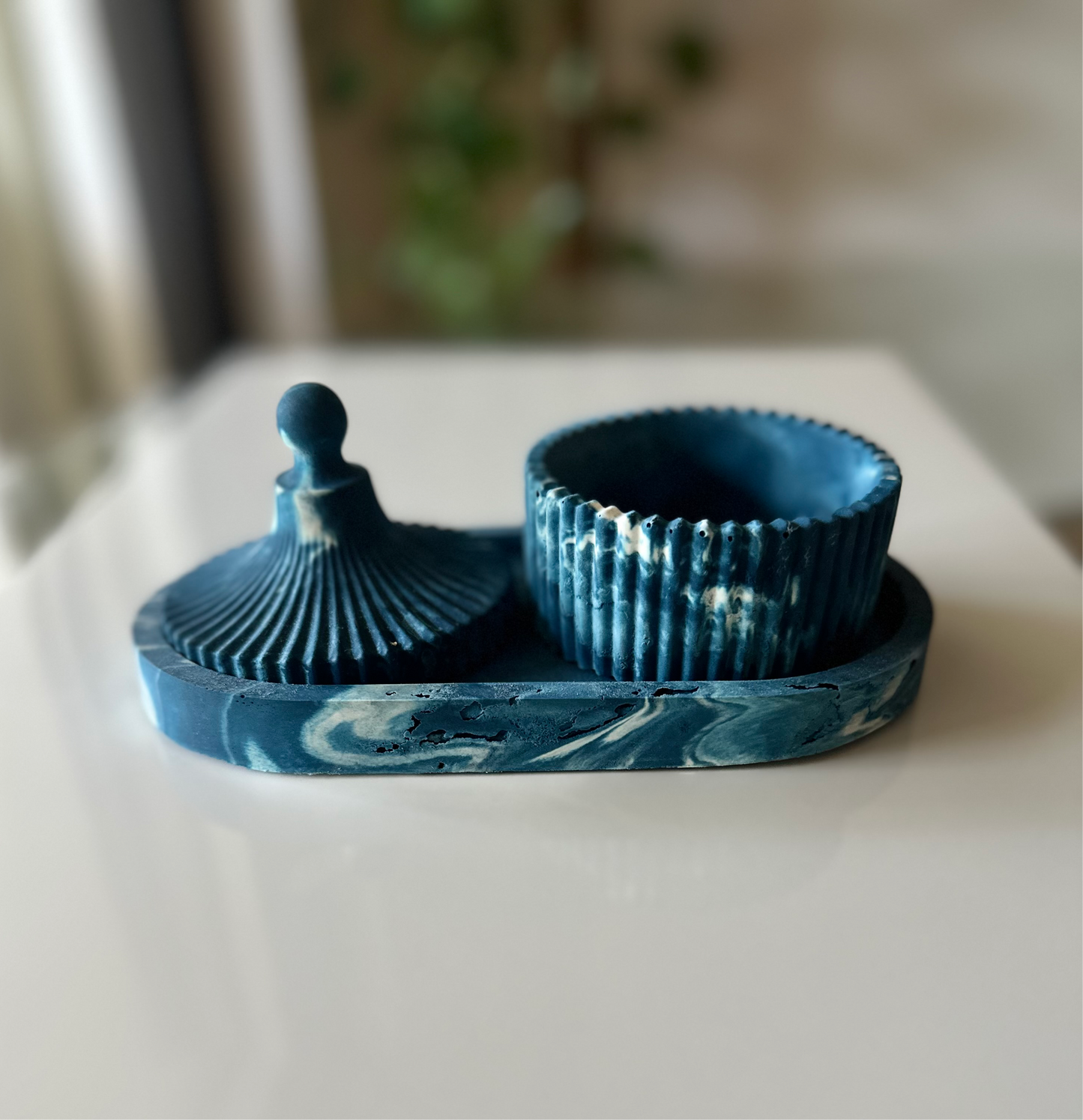 Marble BLUE• Ceramic candle/storage jar with lid & matching tray •FREE x3 soy wax candle refills - Vanilla&Citrus