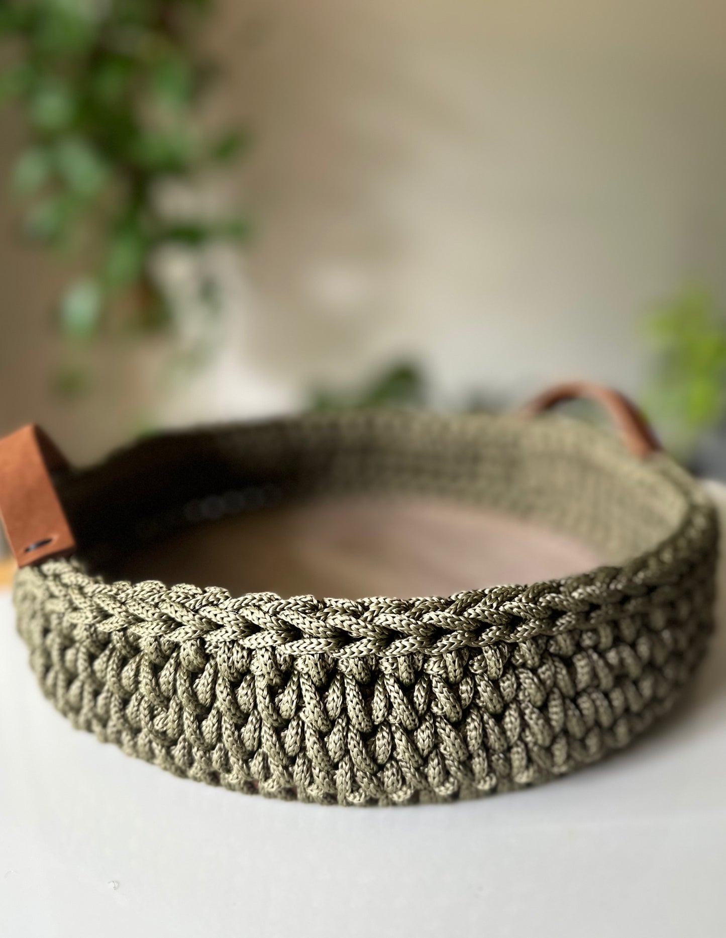 Handmade Crochet Basket with Wood base & Leather handles